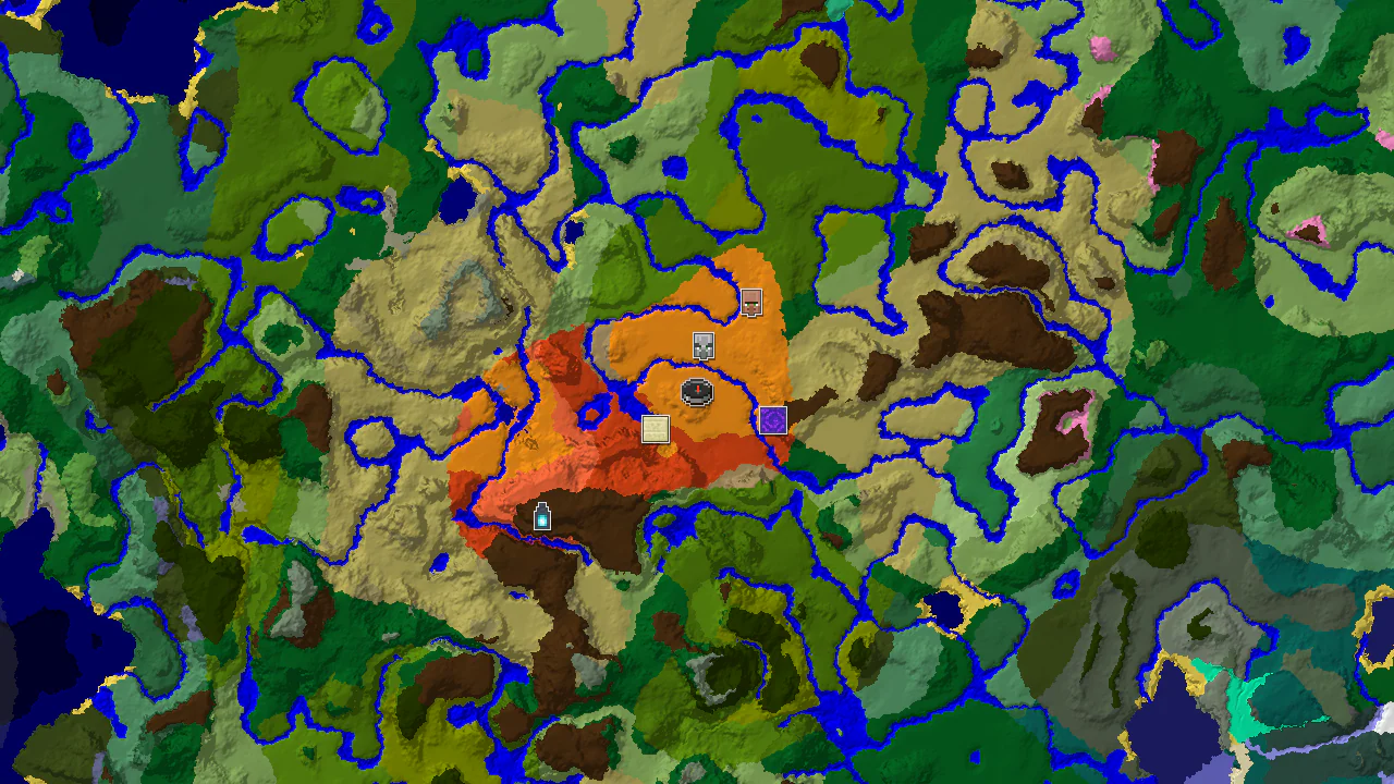 A 2D biome map centered on spawn, showing desert, savanna, jungle, and badlands, with markers for a pillager outpost, desert pyramid, ruined portal, village, and ancient city.