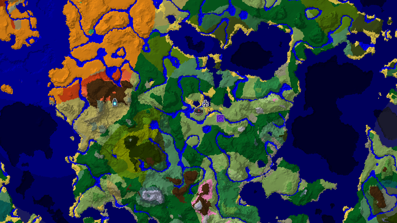 A 2D biome map centered on spawn, showing a large forest to the north, jungle to the west, and plains around spawn, with markers for a shipwreck, ruined portal, and an ancient city far to the west.