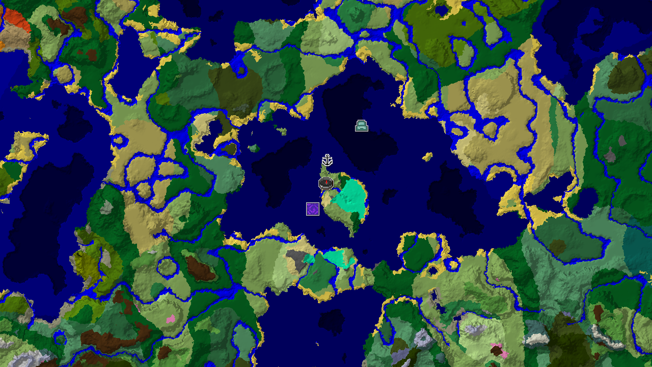 A 2D biome map centered on the spawn point, showing Plains, Ocean, and Forest biomes, with markers for a Ruined Portal, Shipwreck, and Ocean Monument.