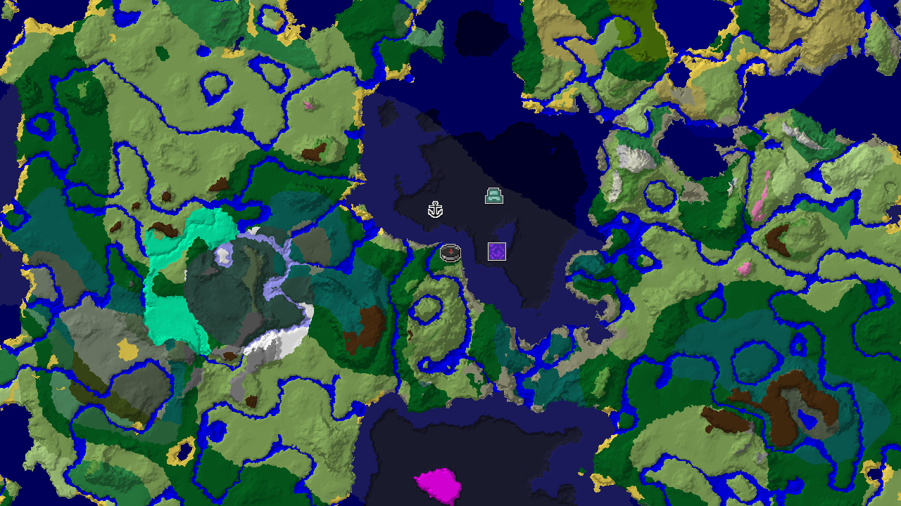 A 2D biome map centered on spawn, showing a large blue ocean with a marked Ocean Monument to the southeast, a Shipwreck to the southwest, and a Ruined Portal to the east, surrounded by green forests and plains.
