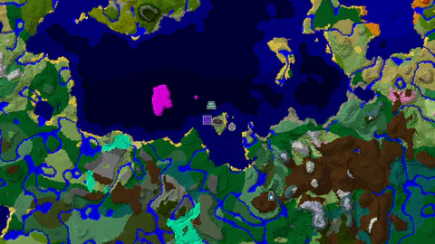 Oceanic World With Distant Ancient City And Mushroom Fields