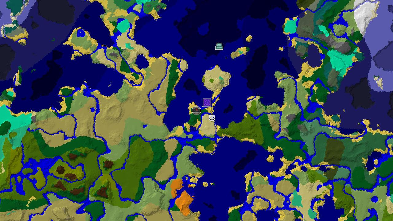 A 2D biome map centered on the spawn point, showing a nearby Ocean Monument, Ruined Portal, and Shipwreck amidst various ocean, forest, and savanna biomes.