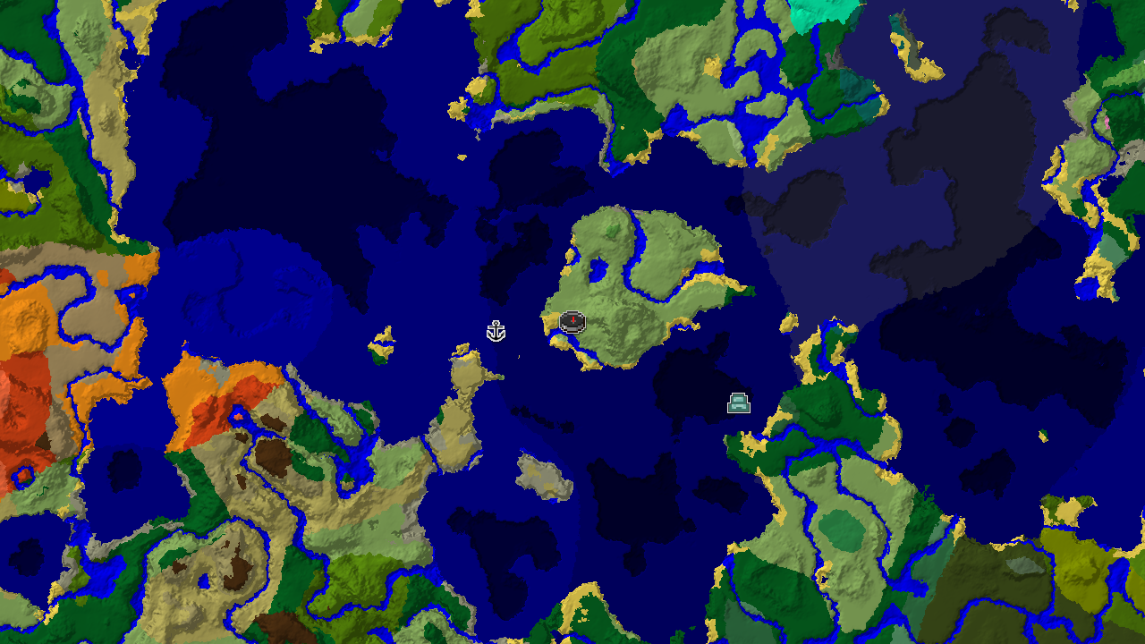 A 2D biome map centered on spawn, showing plains, rivers, and various ocean biomes with markers for a shipwreck and an ocean monument.