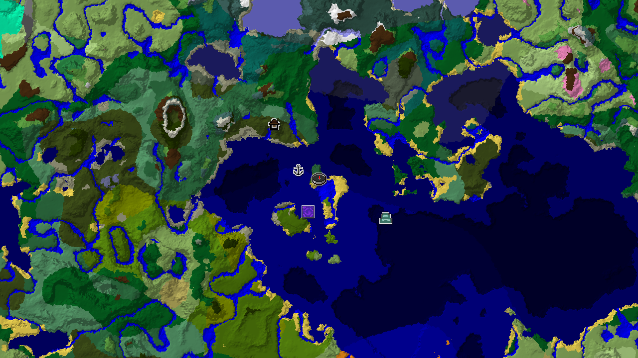 A 2D biome map centered on spawn, showing a large Jungle biome, surrounded by various ocean biomes, with markers for a Woodland Mansion, Shipwreck, Ruined Portal, and Ocean Monument.