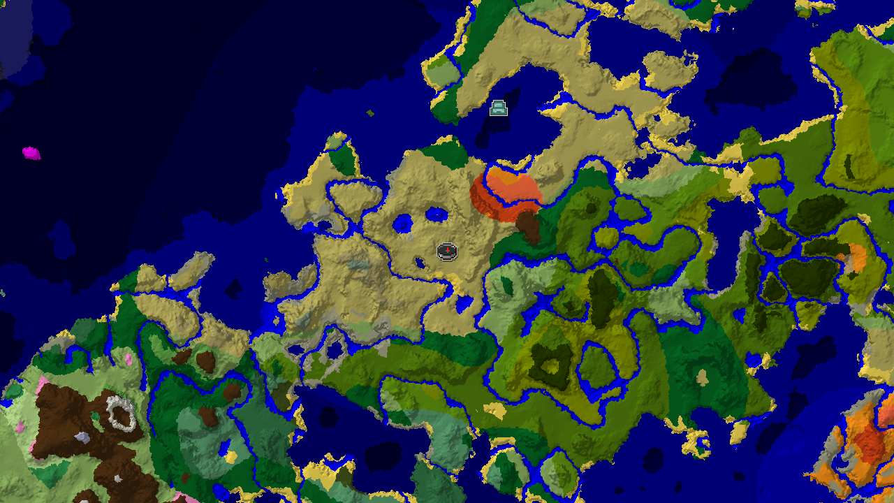 A top-down 2D biome map centered on spawn, showing a savanna biome at the center, with nearby beach, river, and a distant ocean monument.