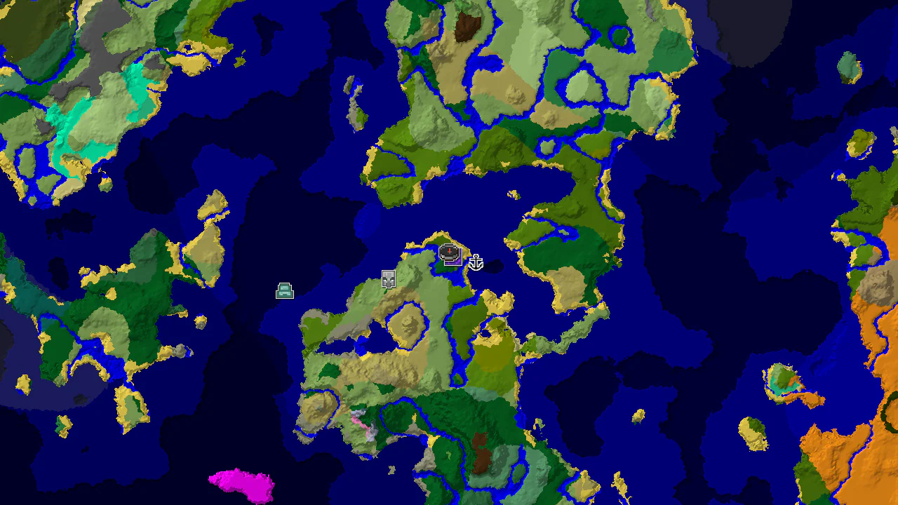 A 2D biome map centered on spawn, showing a large Lukewarm Ocean area, a Jungle at spawn, and markers for a Ruined Portal and Shipwreck.