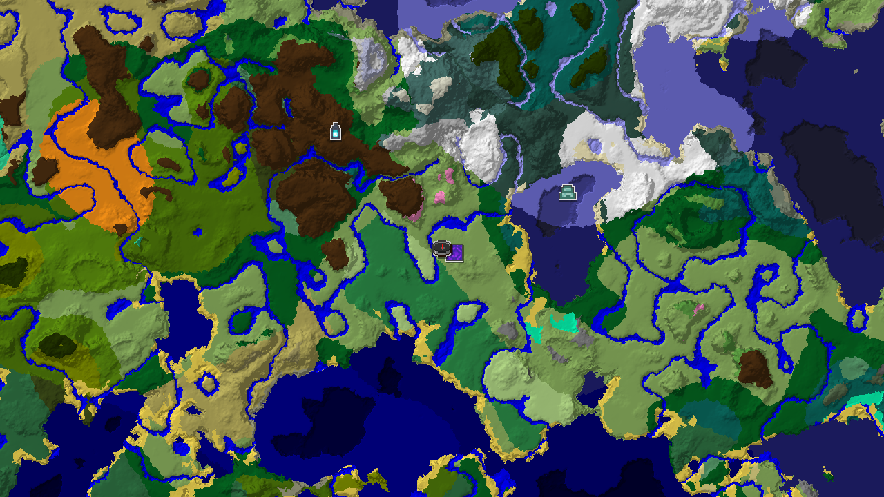 A 2D top-down biome map centered on the spawn point, with markers for a nearby Ruined Portal and an Ocean Monument.