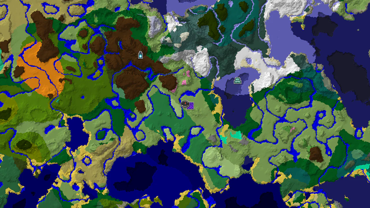 A 2D top-down biome map centered on the spawn point, with markers for a nearby Ruined Portal and an Ocean Monument.