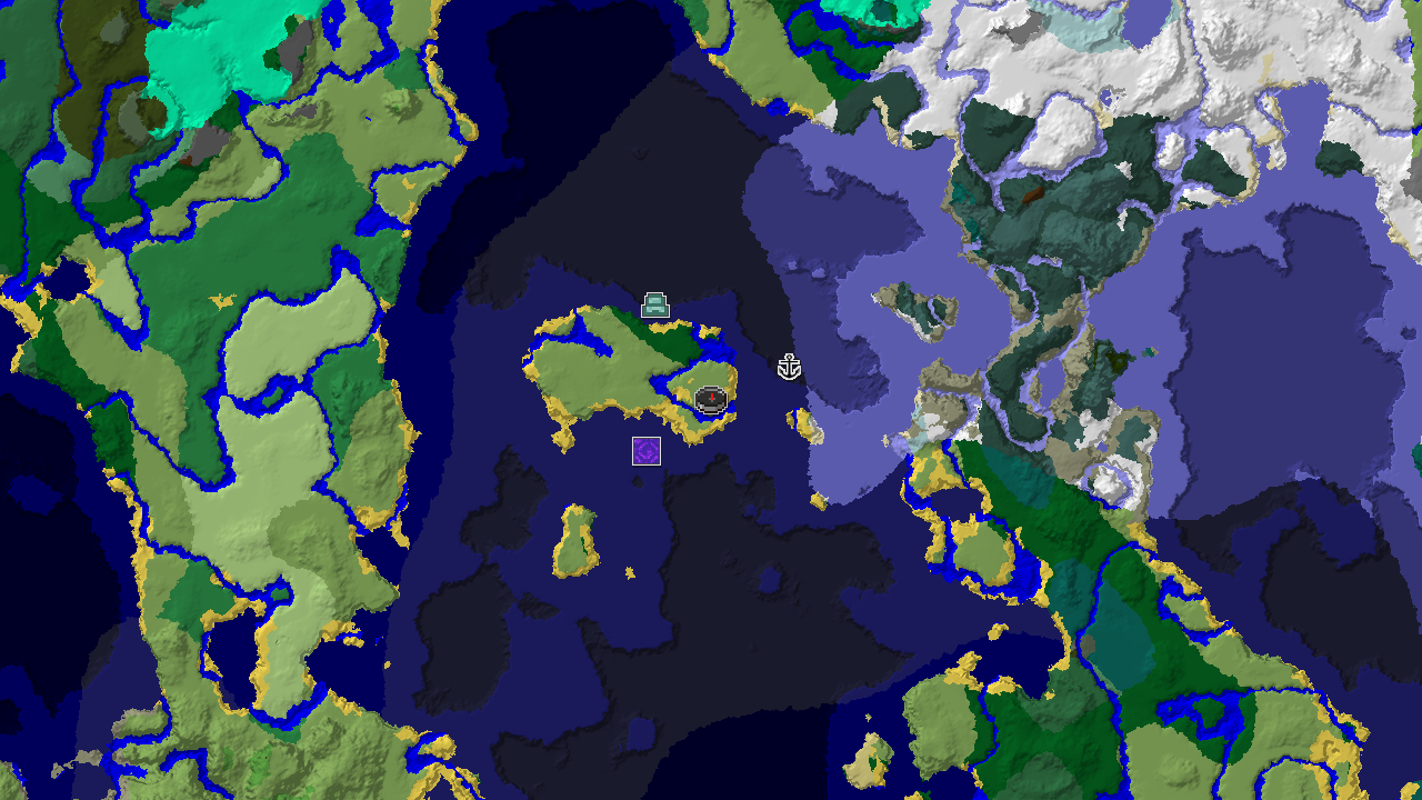 A 2D biome map centered on the spawn point, revealing a large expanse of Cold Ocean and Deep Cold Ocean, with markers for a Ruined Portal, Shipwreck, and Ocean Monument.
