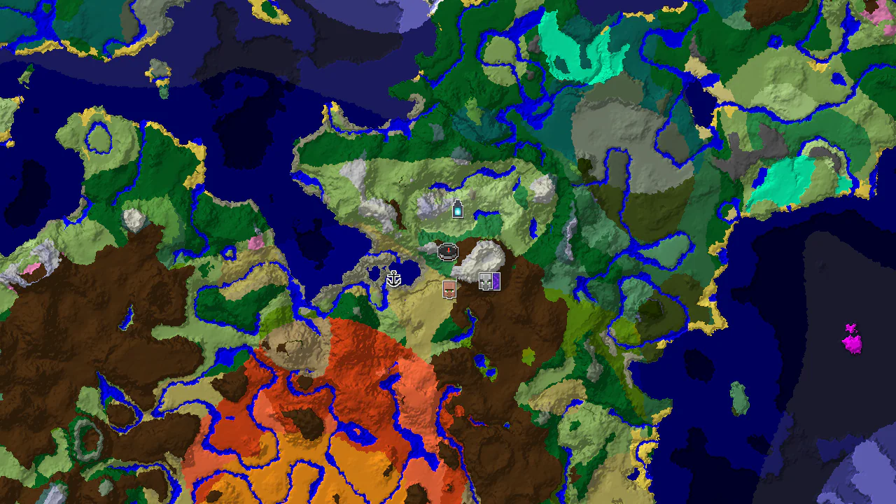 A 2D biome map centered on the spawn point, marked with an 'X', showing nearby structures including a village, ruined portal, and pillager outpost.
