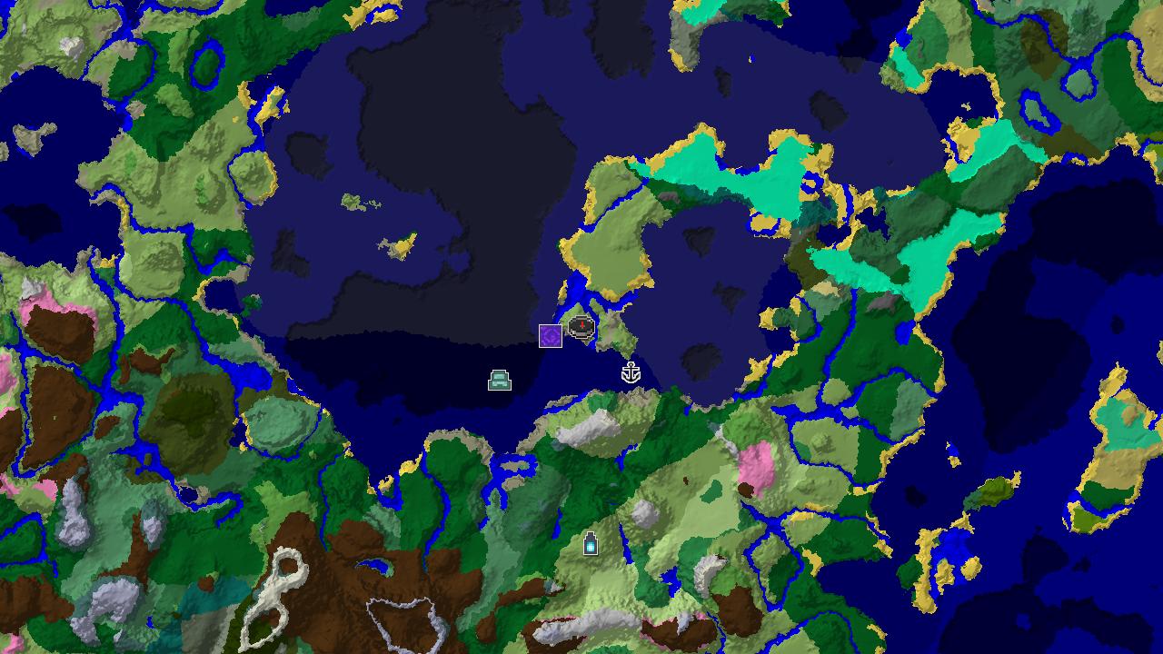 A 2D biome map centered on spawn, showing a Flower Forest island surrounded by various ocean biomes, with markers for a Ruined Portal, Shipwreck, and Ocean Monument.