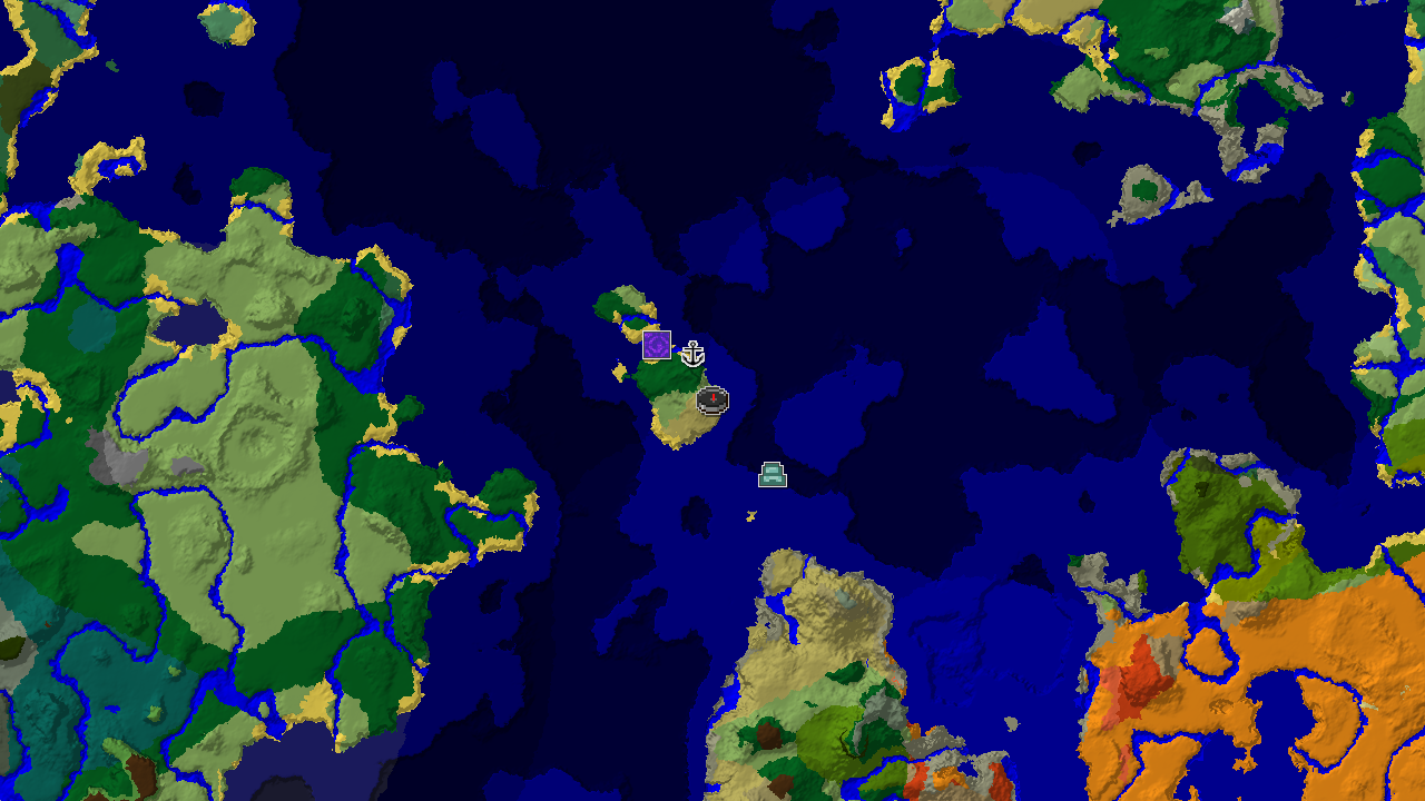 A top-down 2D biome map centered on spawn, showing a large expanse of various ocean biomes, with Plains at spawn and markers for a nearby shipwreck, ruined portal, and ocean monument.