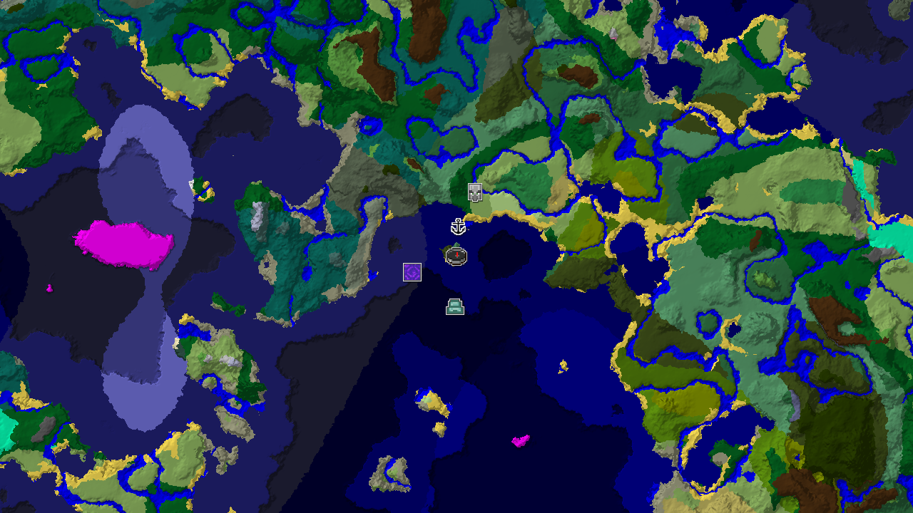 A 2D biome map centered on spawn, showing an Old Growth Birch Forest at spawn, an Ocean Monument, Shipwreck, Ruined Portal, and Pillager Outpost.