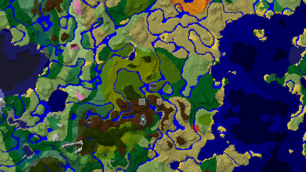 A 2D biome map centered on spawn, showing a large jungle area to the west, savanna to the east, and markers for a village, jungle temple, and ancient city.