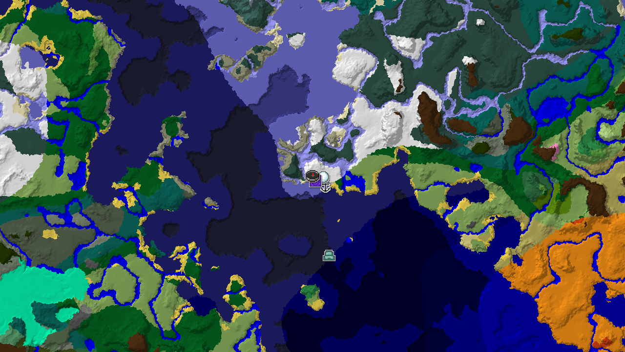 A 2D biome map centered on spawn, showing a large Snowy Plains biome with markers for a Ruined Portal, Shipwreck, Igloo, and Ocean Monument.
