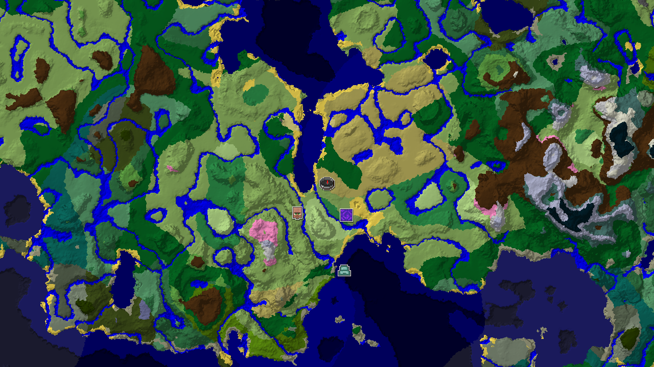 A 2D top-down biome map centered on spawn, showing a savanna spawn next to plains, oceans, and forests, with nearby structure markers.