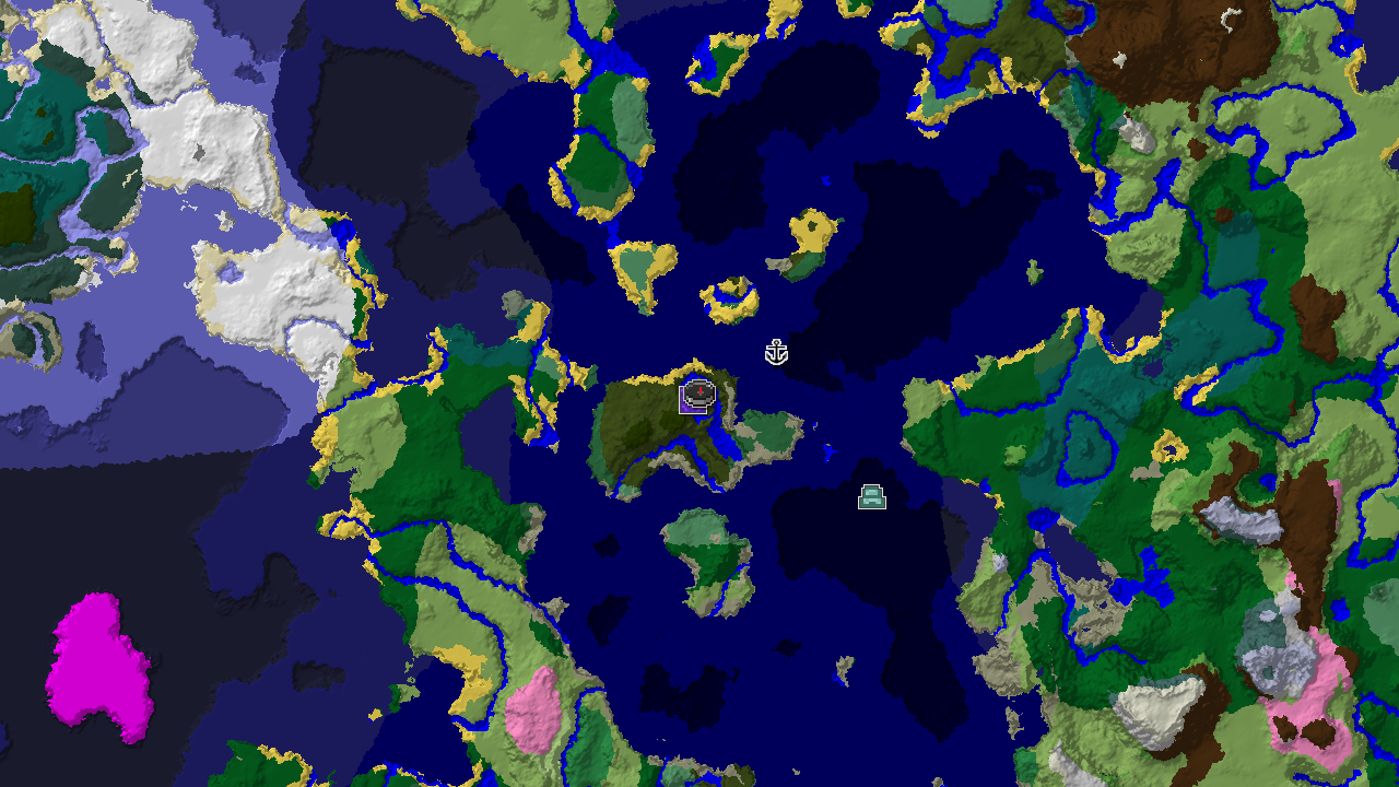 A top-down 2D biome map centered on the spawn point, marked within a Dark Forest. Structure markers indicate a close Ruined Portal and a Shipwreck, with an Ocean Monument further out.