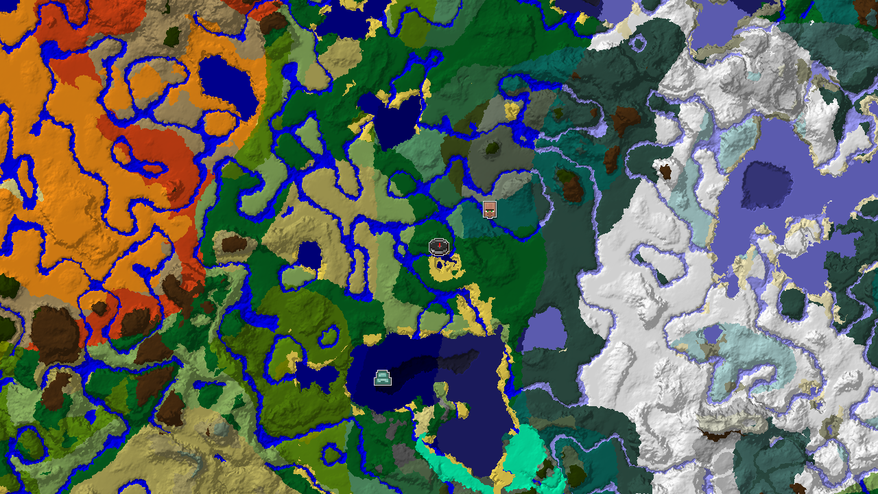 A 2D biome map centered on the spawn point, marked, showing a mix of forest, ocean, and snowy taiga biomes, with markers for a village and an ocean monument.