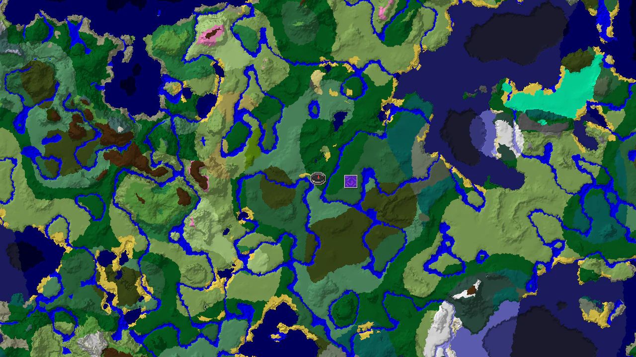A 2D biome map centered on spawn, showing a vibrant mix of forest, river, and plains biomes.