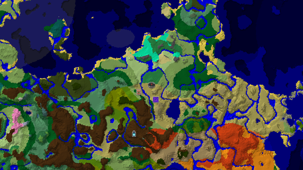 A 2D biome map centered on spawn, showing savanna, plains, and forest biomes, with markers for a village and a ruined portal.