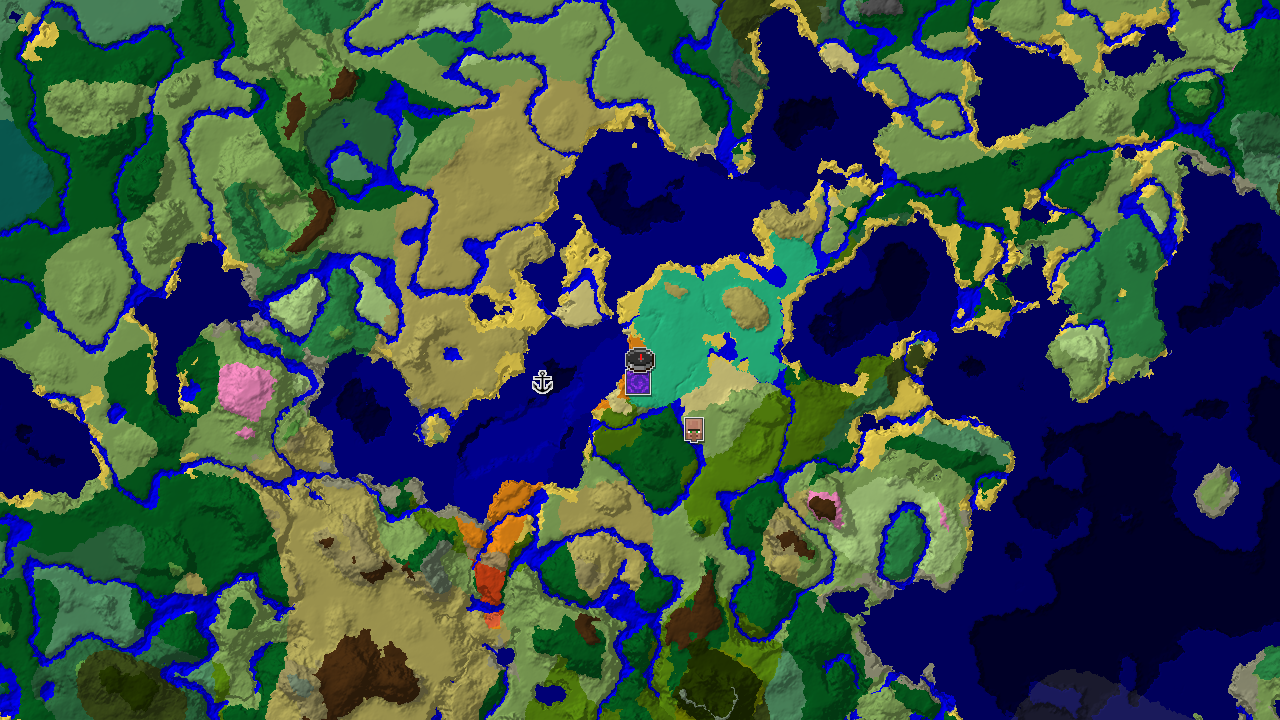 A 2D biome map centered on spawn, showing a mangrove swamp peninsula surrounded by ocean, with markers for a ruined portal and shipwreck.