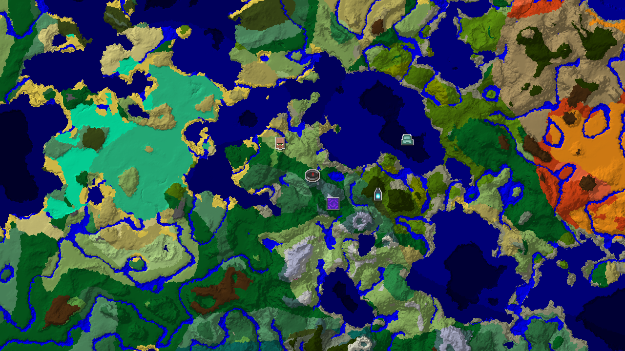 A 2D biome map centered on spawn, showing forest, ocean, and various other biomes, with markers for a nearby village, ruined portal, and ancient city.