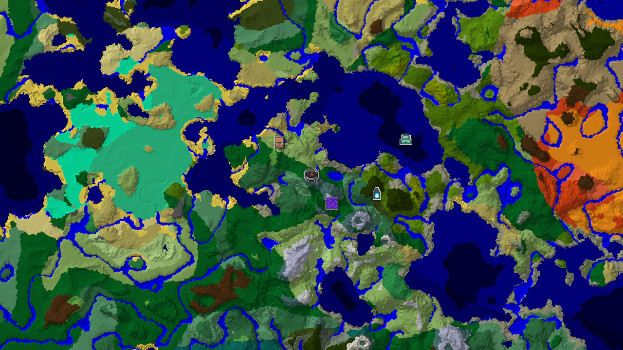 A 2D biome map centered on spawn, showing forest, ocean, and various other biomes, with markers for a nearby village, ruined portal, and ancient city.