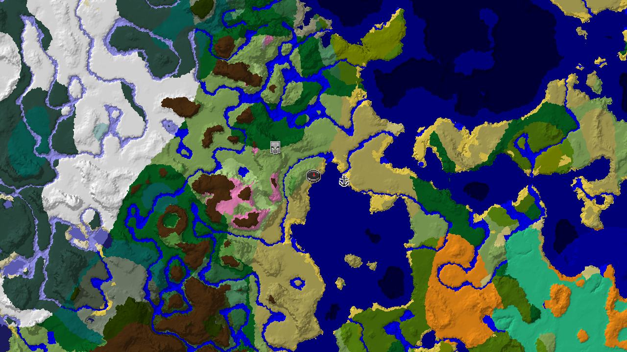 A 2D biome map centered on spawn, showing a shipwreck marker to the east and a Pillager Outpost to the southwest.