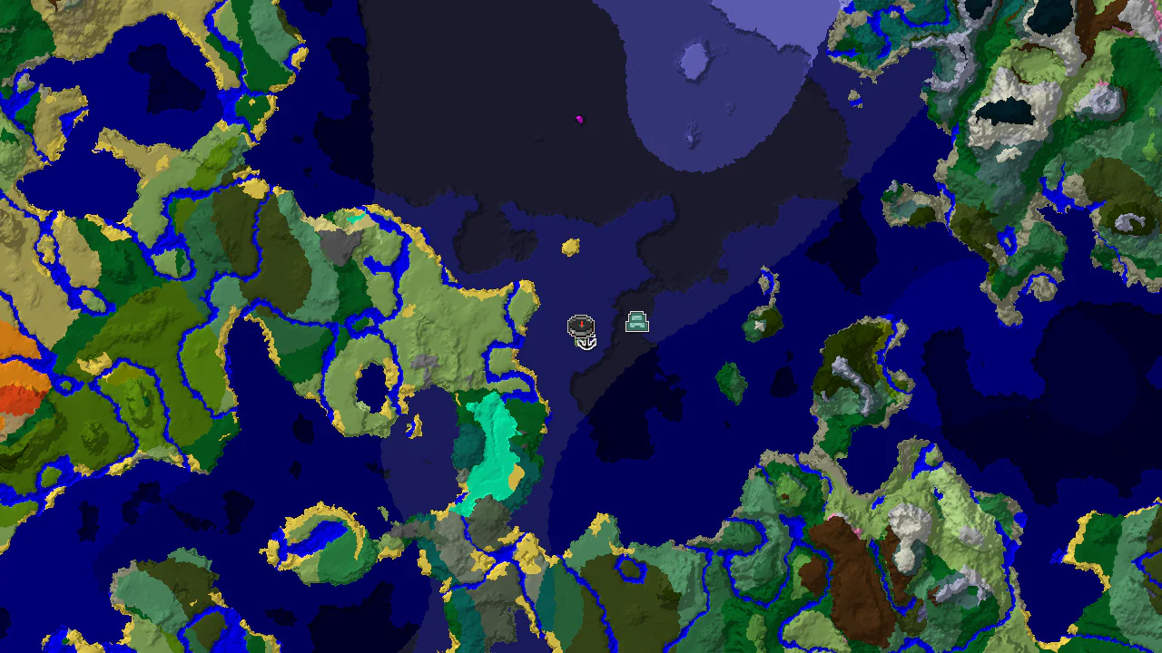 A 2D biome map centered on spawn, showing a large ocean area with markers for a shipwreck and an ocean monument.