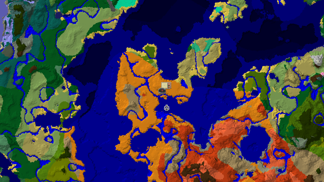 A 2D biome map showing a desert spawn next to a village, with badlands and warm ocean biomes within a 2048-block radius.