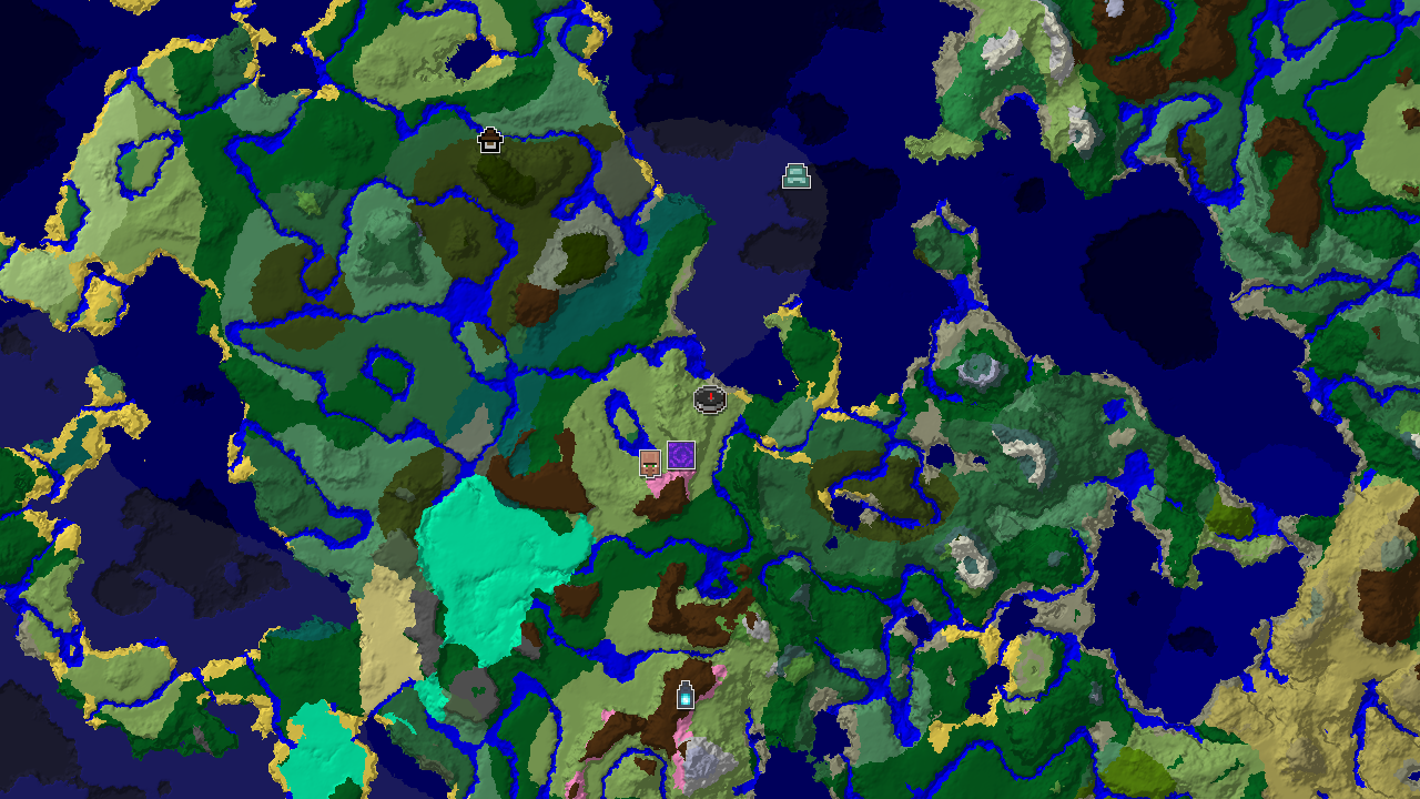 A 2D biome map centered on the spawn point, showing markers for an Ancient City to the south and a village to the west.