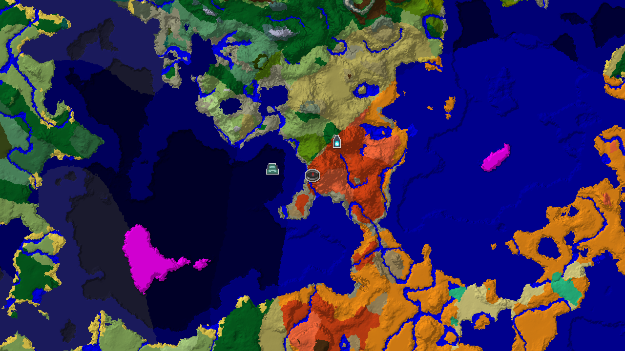 A 2D biome map centered on spawn, showing badlands with an ancient city nearby and vast warm ocean areas.