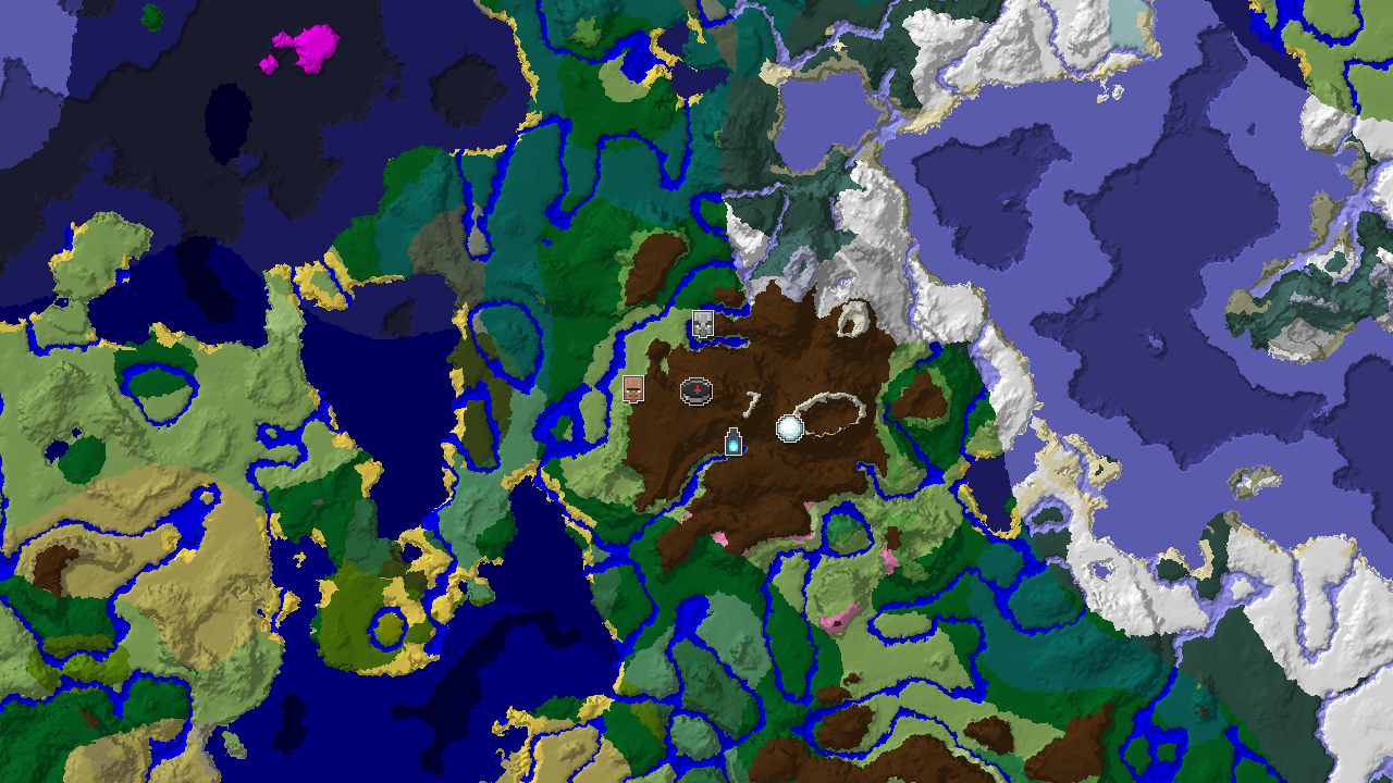 A 2D biome map centered on spawn, showing a meadow surrounded by plains, forests, and snowy peaks, with markers for an Ancient City, Village, and Pillager Outpost.