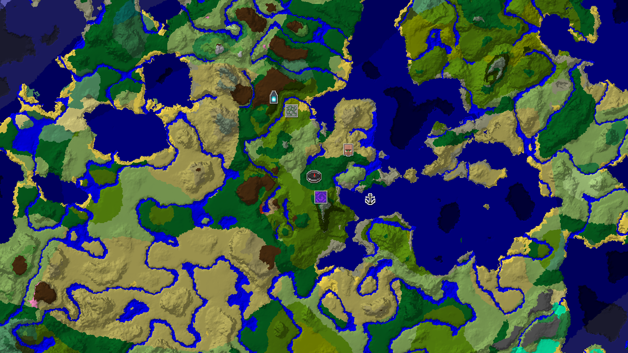 A 2D biome map centered on spawn, showing a large savanna to the south, a jungle to the west, and an ocean to the east. Markers indicate a nearby Ancient City and a Ruined Portal.