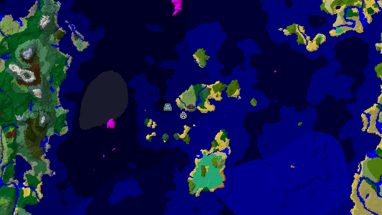 A top-down 2D biome map centered on spawn, showing a large blue ocean with a marked monument, and green jungle and mangrove swamp biomes.