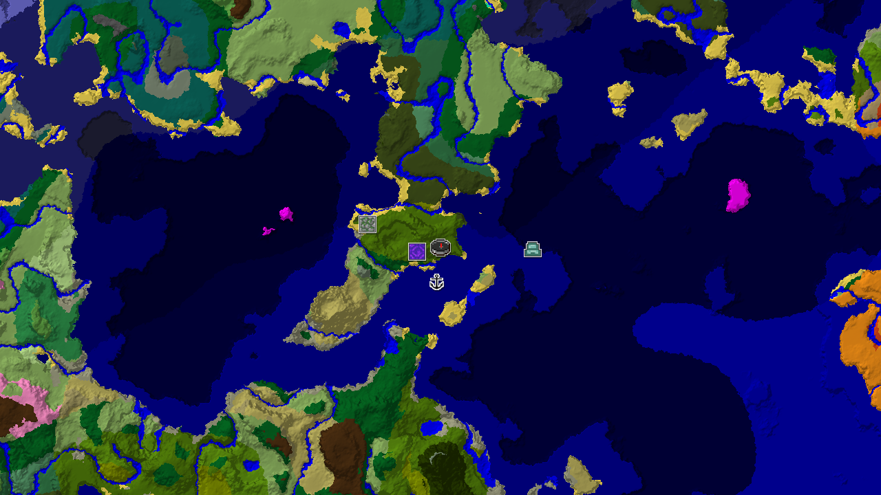 A 2D biome map centered on a jungle spawn point, showing nearby ocean, beach, and dark forest biomes, with markers for a ruined portal, shipwreck, and ocean monument.