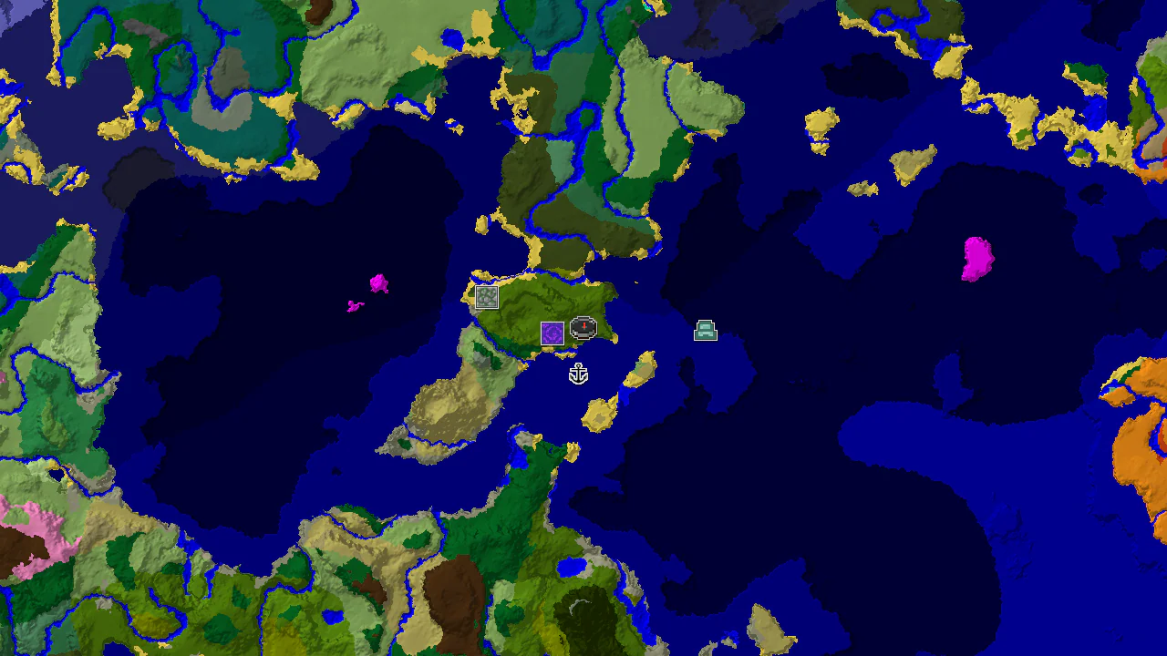 A 2D biome map centered on a jungle spawn point, showing nearby ocean, beach, and dark forest biomes, with markers for a ruined portal, shipwreck, and ocean monument.