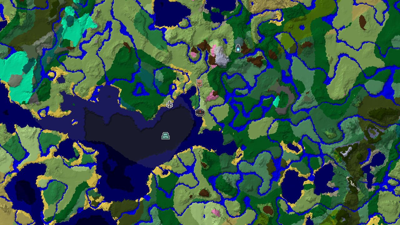 A top-down 2D biome map centered on spawn, showing Sunflower Plains at the start, surrounded by Plains, Forests, and various Ocean biomes, with markers for a village and shipwreck.