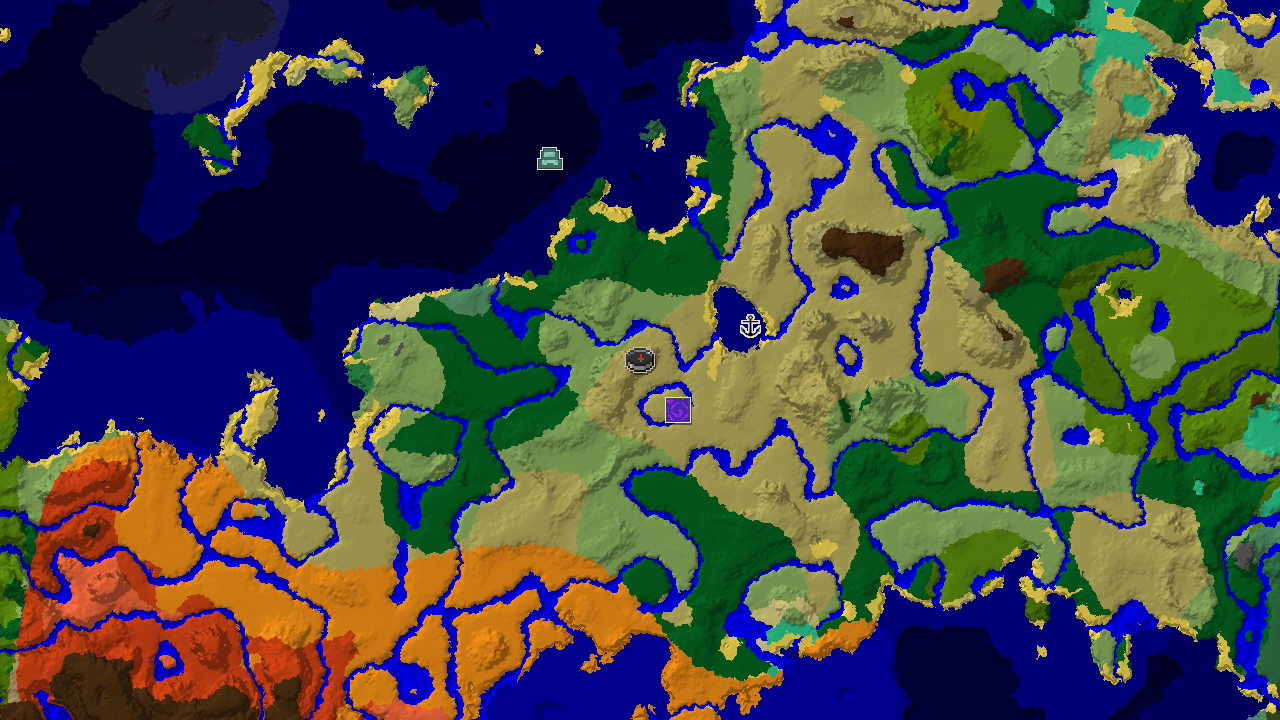 A 2D biome map centered on spawn, showing a large savanna, nearby plains and rivers, and markers for an ocean monument and shipwreck.