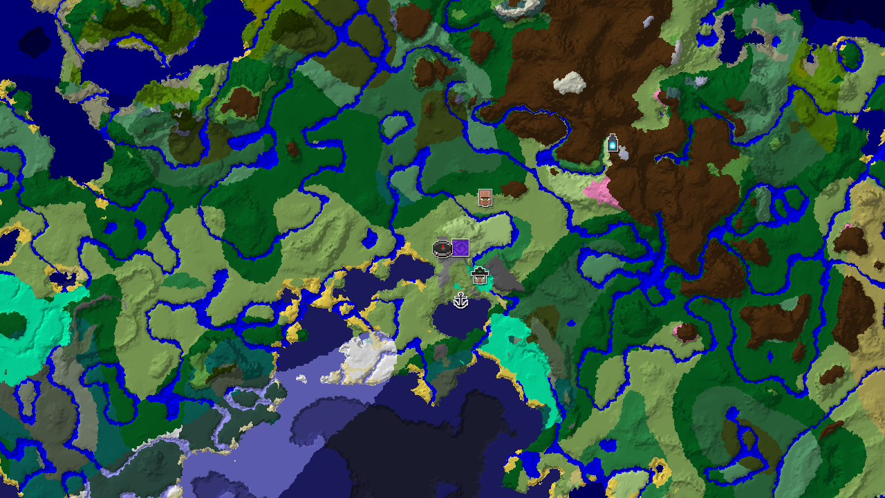 A top-down 2D biome map, centered on spawn, reveals a mix of plains, forests, and a cold ocean, with markers for nearby structures.
