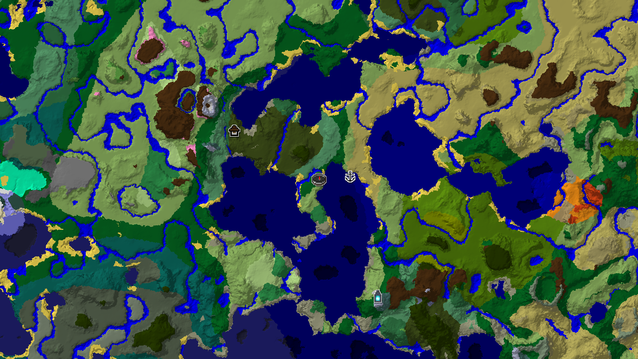 A 2D top-down biome map centered on spawn, showing a large forest area surrounded by oceans, plains, and a nearby Woodland Mansion icon.