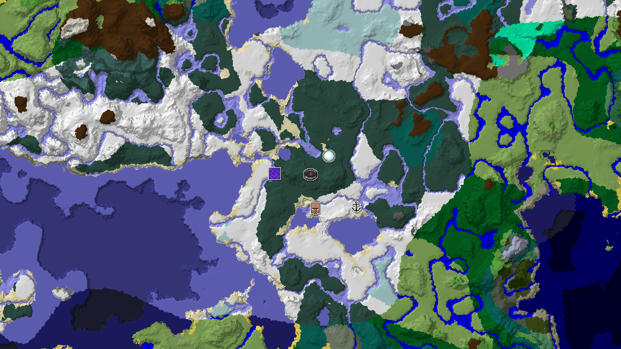 A 2D biome map centered on spawn, showing a large snowy taiga area, with markers for a village, ruined portal, shipwreck, and igloo.