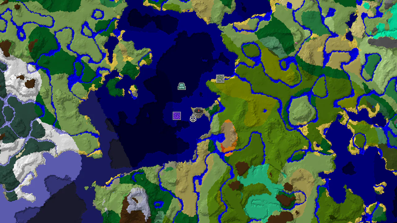 A 2D biome map centered on spawn, showing a Savanna spawn point, a nearby Ocean Monument, and a Jungle Temple.