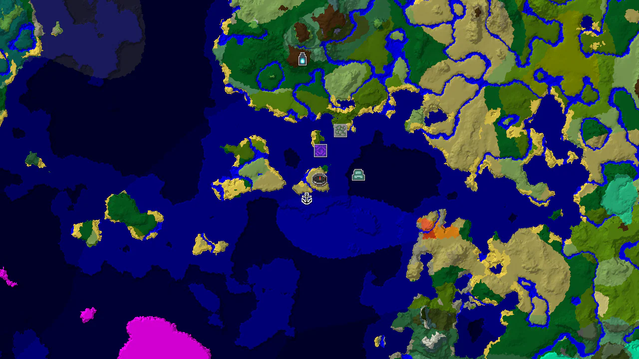 A 2D biome map centered on spawn, showing a savanna with surrounding lukewarm and warm oceans, a shipwreck, and an ancient city.