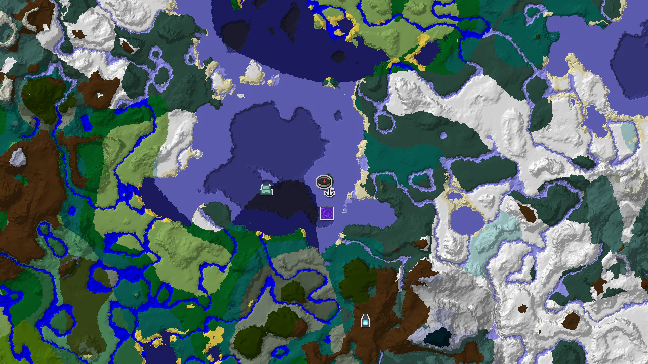 A 2D biome map centered on spawn, showing a small snowy taiga island surrounded by frozen ocean, with markers for a shipwreck and ruined portal nearby.