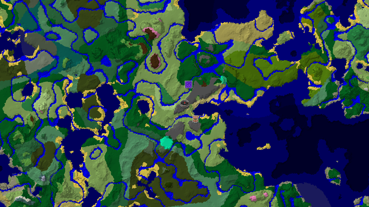 A 2D biome map centered on spawn, showing various biomes including plains, forests, and oceans, with markers for a village and ruined portal.