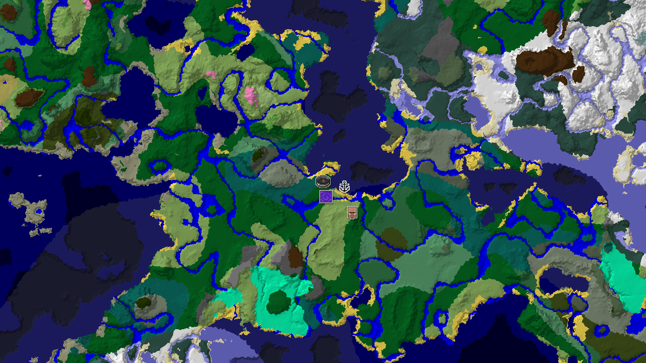 A 2D biome map centered on spawn, showing a forest with nearby cold ocean, taiga, and plains, marked with structures including a village, ruined portal, and shipwreck.