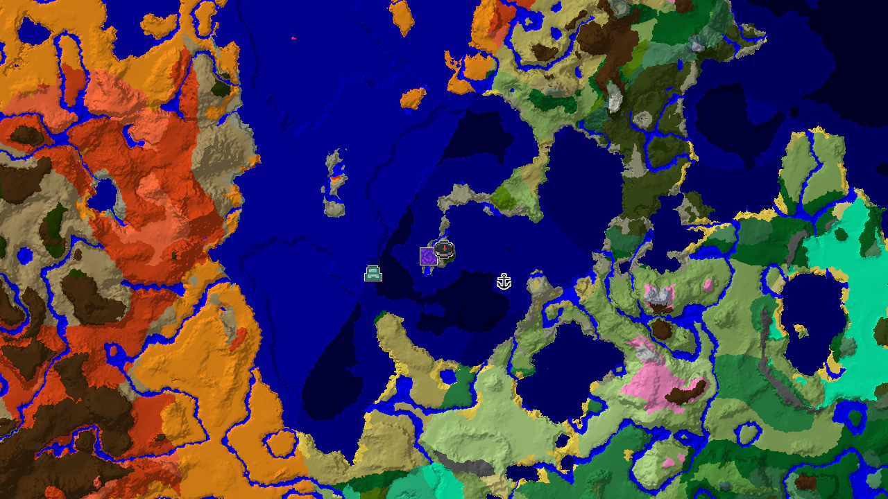 A 2D biome map centered on a jungle island spawn, with markers for nearby structures.