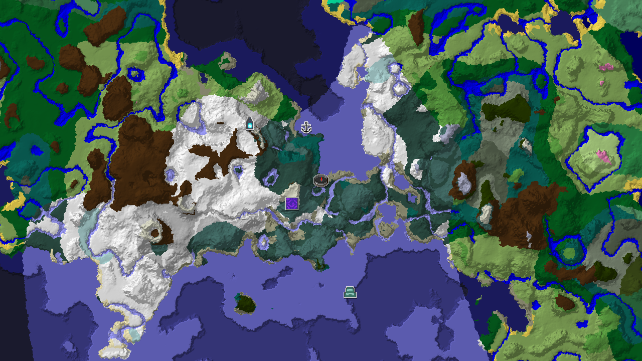A 2D biome map centered on spawn, showing a large expanse of Frozen Ocean and Snowy Taiga, with the Ancient City marker visible to the southwest.