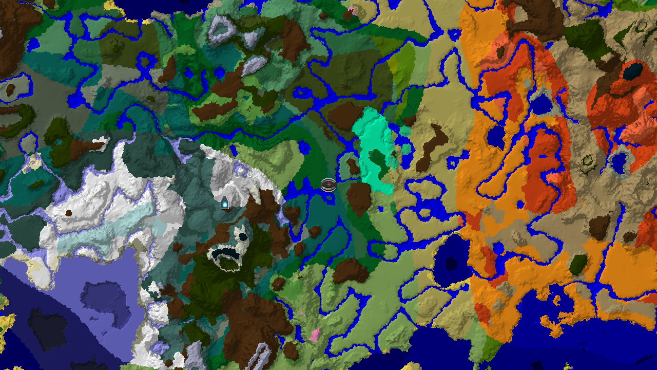 A 2D biome map centered on the spawn point, revealing a Taiga biome at the origin, with markers for a distant Ancient City.